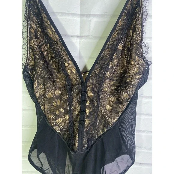 NEW Jonathan Simkhai Deep V Lace Bodysuit Tank Sexy Mesh Black Womens Size XS